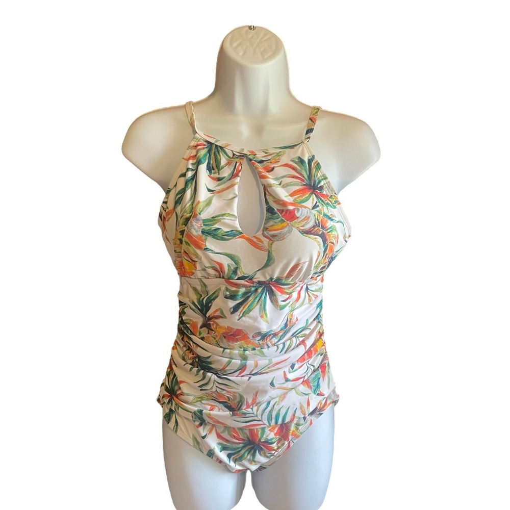 Ellen Tracy Floral One Piece Swimsuit Tummy Control Keyhole White Sz 8